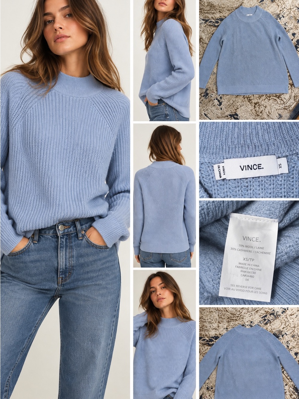 Vince Wool Cashmere Ribbed Crewneck Sweater Light Blue XS